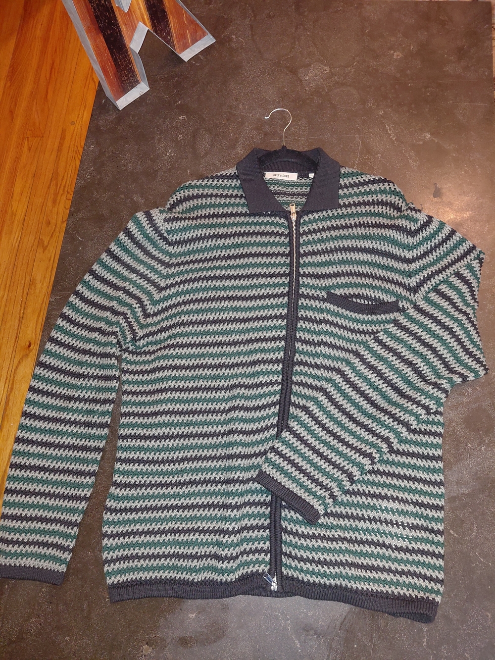 ONLY & SONS Green and Black Striped Zip-Up Knit Sweater